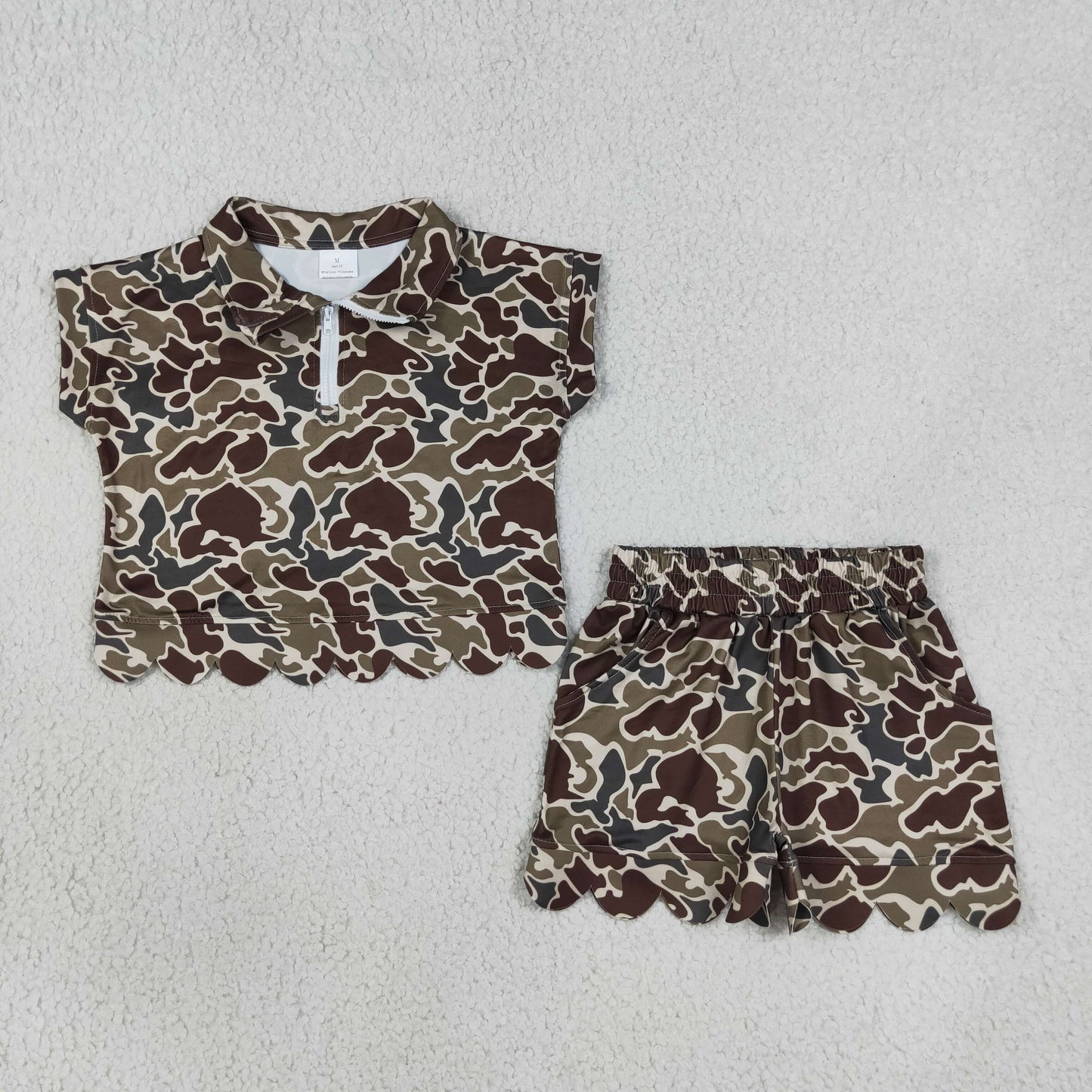 Baby Girls Southern Dark Khaki Camo Zip Top Pockets Short Scallop Clothes Sets