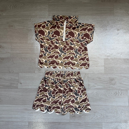 Baby Girls Southern Dark Khaki Camo Zipper Top Scallop Short Clothes Sets Preorder