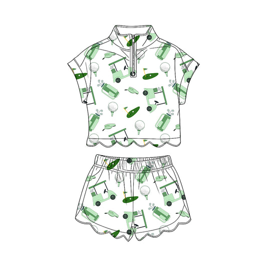 Baby Girls Green Golf Trucks Zipper Top Scallop Short Clothes Sets Preorder