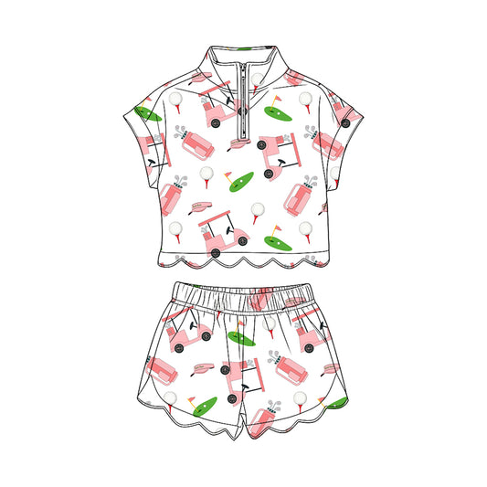 Baby Girls Pink Golf Trucks Zipper Top Scallop Short Clothes Sets Preorder
