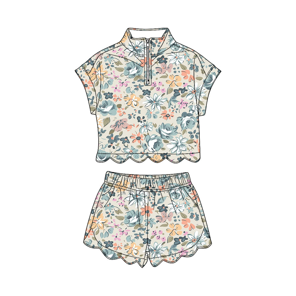 Baby Girls Colorful Flowers Zipper Top Scallop Short Clothes Sets Preorder