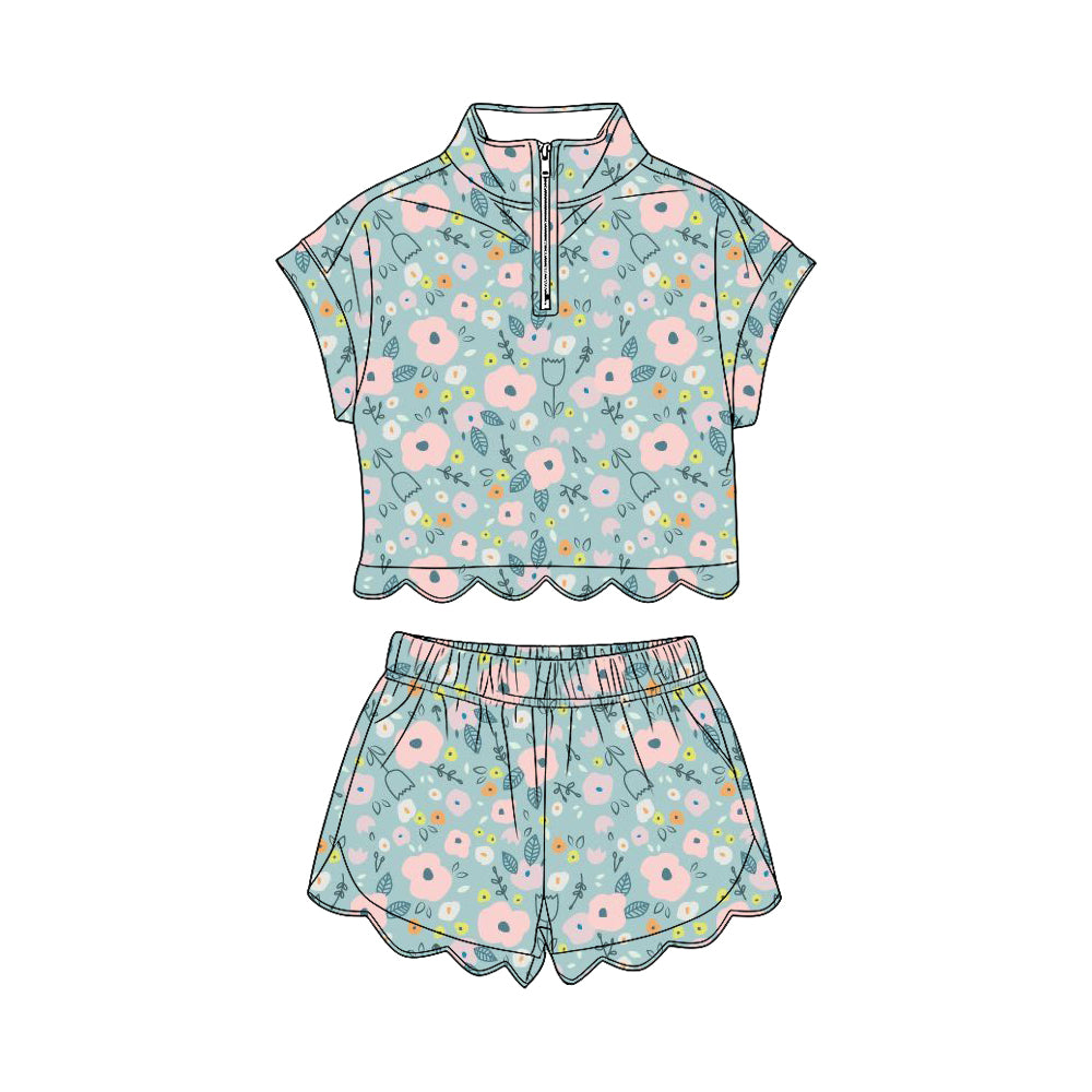 Baby Girls Colorful Flowers Zipper Top Scallop Short Clothes Sets Preorder