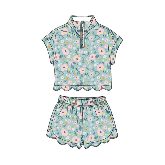 Baby Girls Colorful Flowers Zipper Top Scallop Short Clothes Sets Preorder