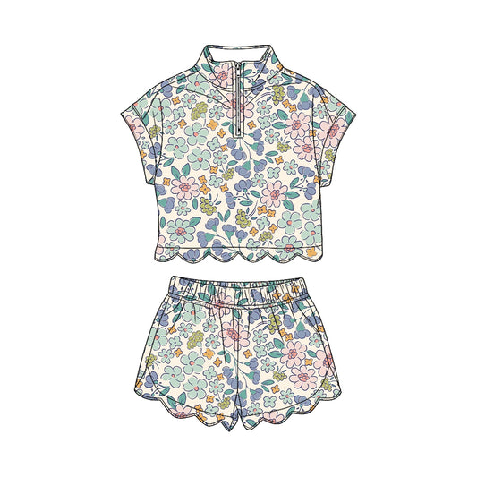 Baby Girls Colorful Flowers Zipper Top Scallop Short Clothes Sets Preorder