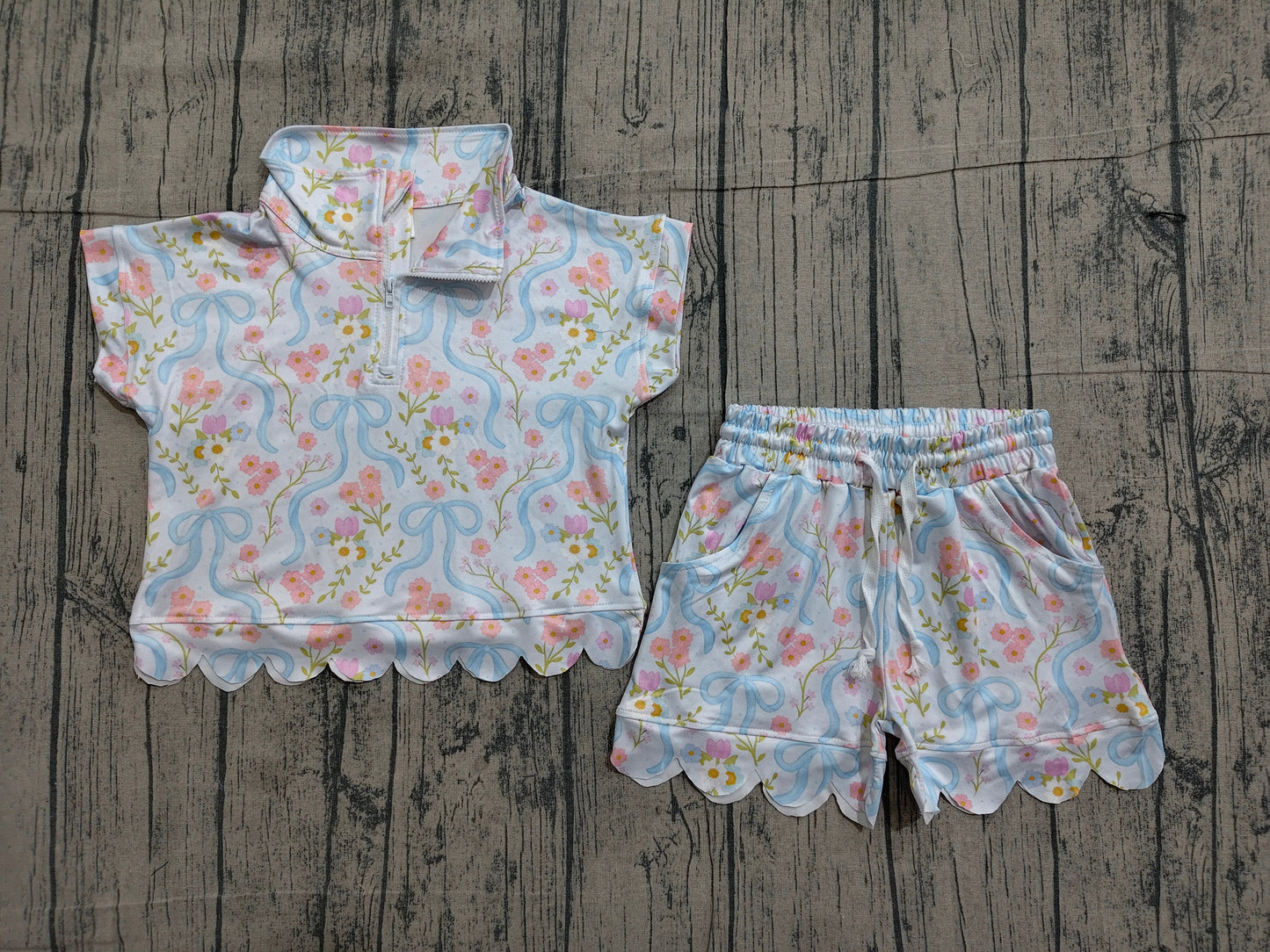 Baby Girls Bows Flowers Zip Pullovers Top Pockets Short Scallop Clothes Sets