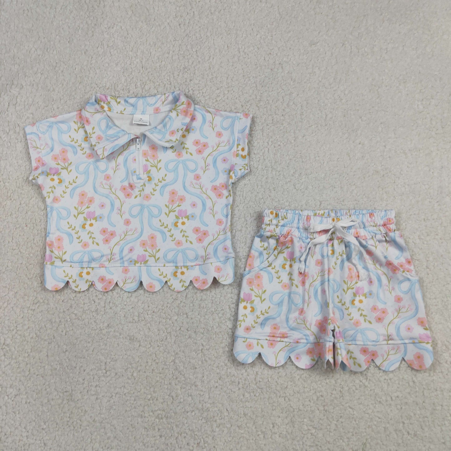 Baby Girls Bows Flowers Zip Pullovers Top Pockets Short Scallop Clothes Sets