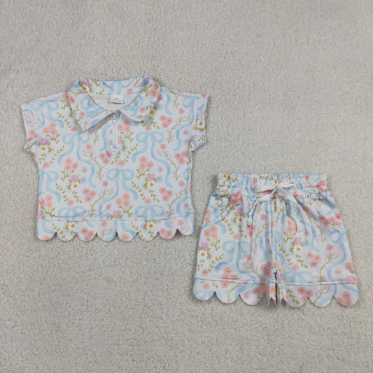 Baby Girls Bows Flowers Zip Pullovers Top Pockets Short Scallop Clothes Sets