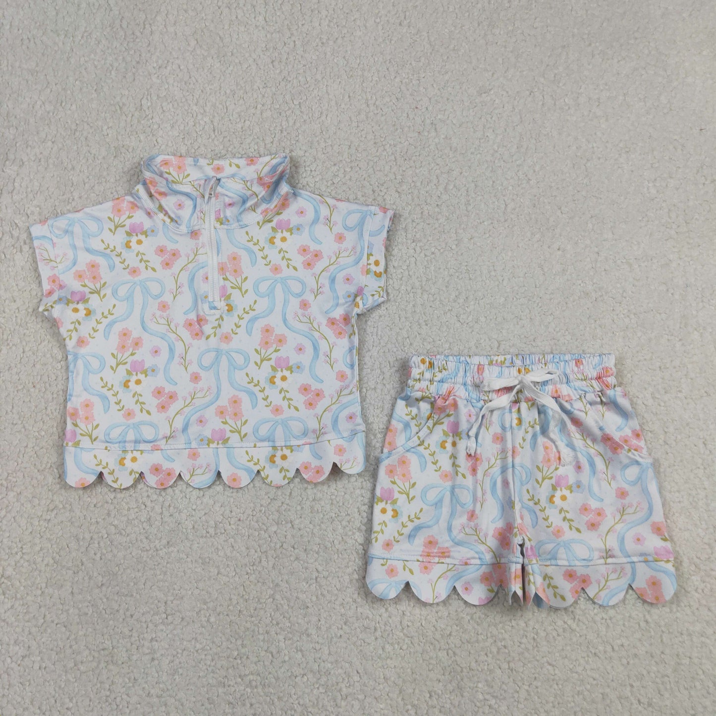 Baby Girls Bows Flowers Zip Pullovers Top Pockets Short Scallop Clothes Sets