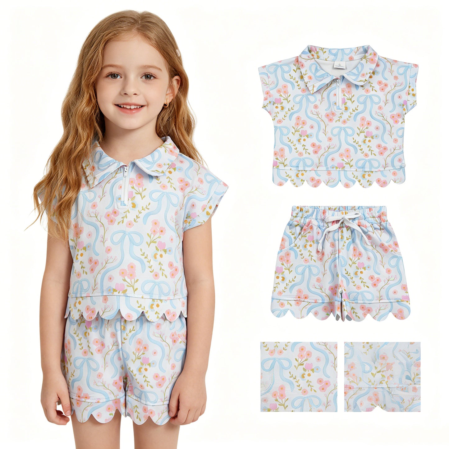 Baby Girls Bows Flowers Zip Pullovers Top Pockets Short Scallop Clothes Sets