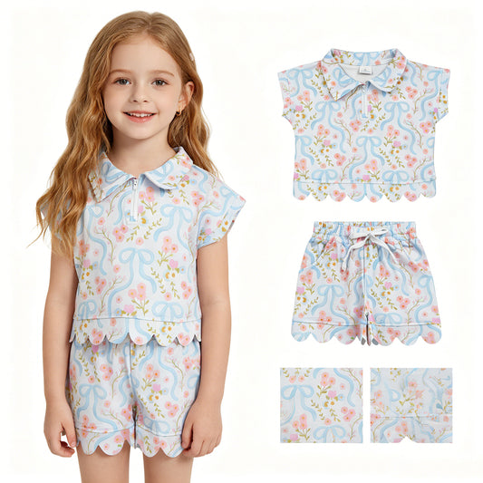 Baby Girls Bows Flowers Zip Pullovers Top Pockets Short Scallop Clothes Sets