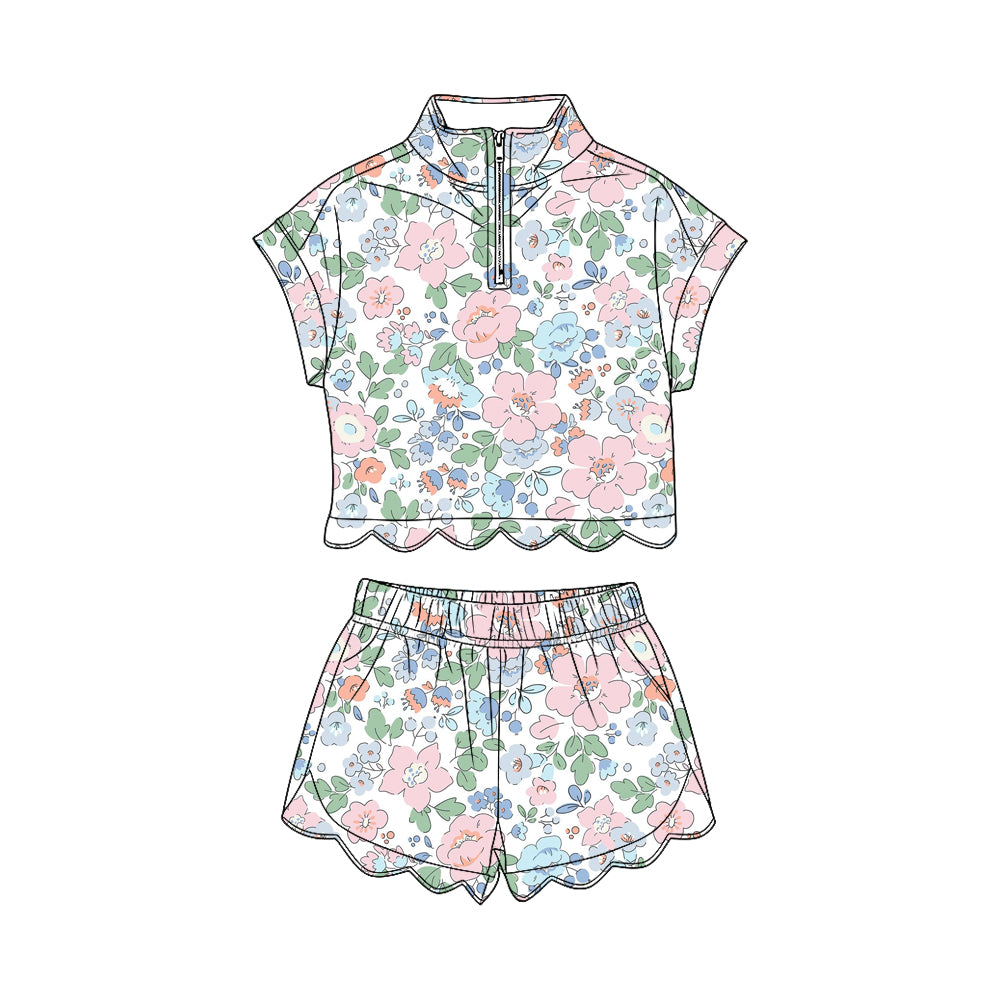 Baby Girls Colorful Flowers Zipper Top Scallop Short Clothes Sets Preorder