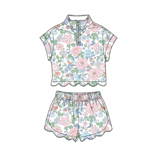 Baby Girls Colorful Flowers Zipper Top Scallop Short Clothes Sets Preorder