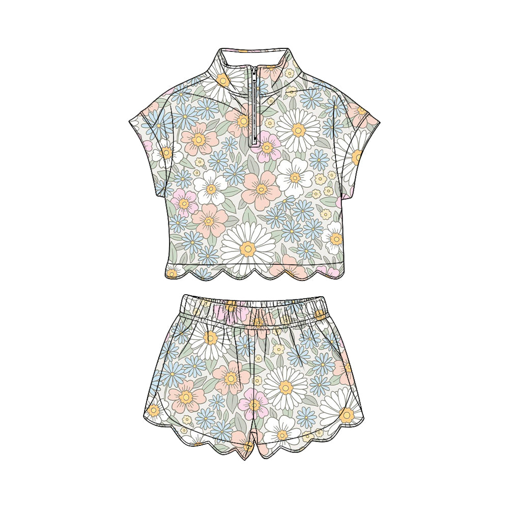 Baby Girls Colorful Flowers Zipper Top Scallop Short Clothes Sets Preorder
