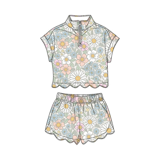 Baby Girls Colorful Flowers Zipper Top Scallop Short Clothes Sets Preorder