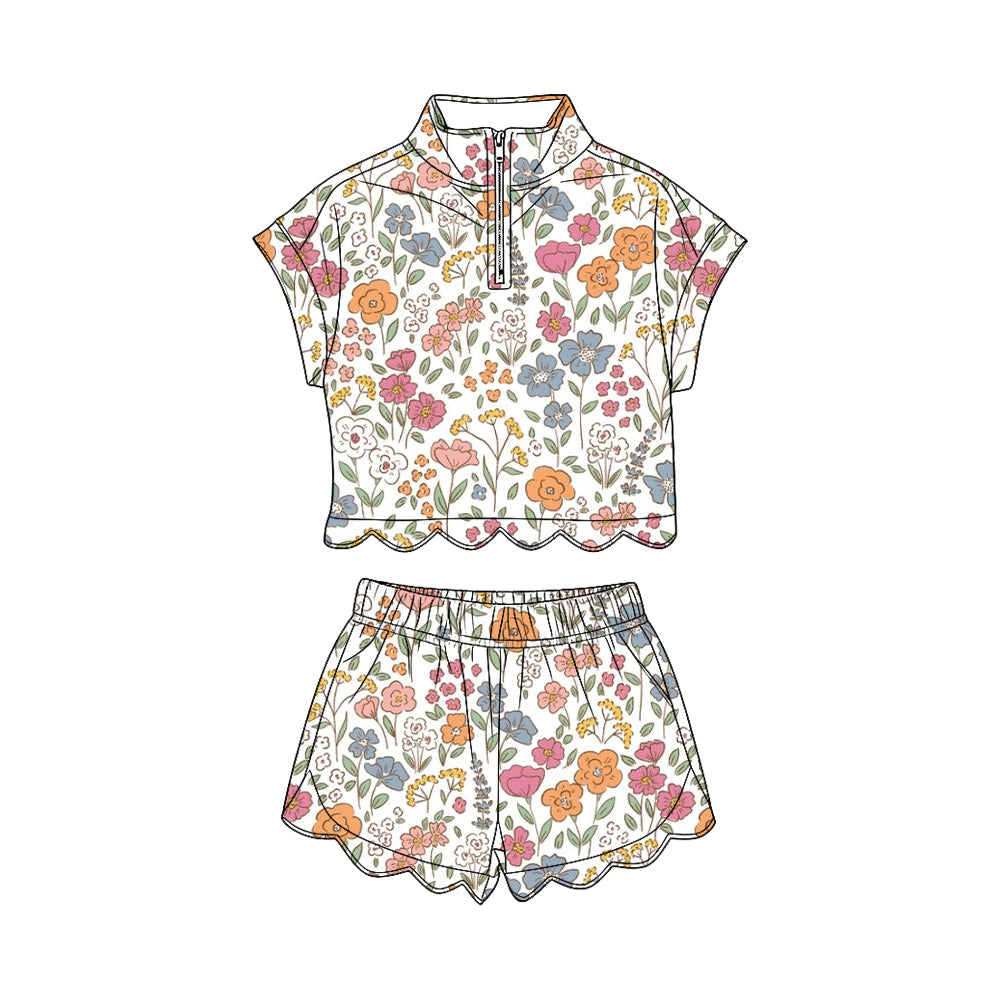 Baby Girls Colorful Flowers Zipper Top Scallop Short Clothes Sets Preorder
