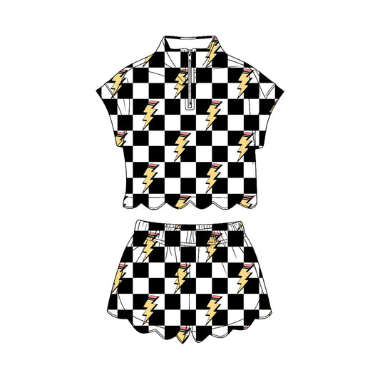 Baby Girls Black Checked Lightnings Zipper Top Scallop Short Clothes Sets Preorder