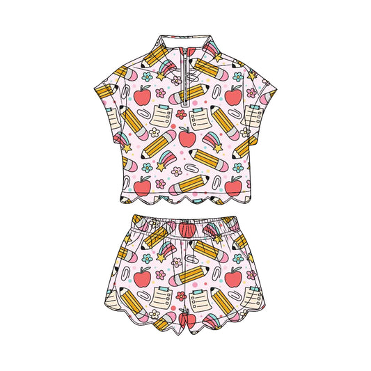 Baby Girls Pencils Flowers Zipper Top Scallop Short 4th of July Clothes Sets Preorder