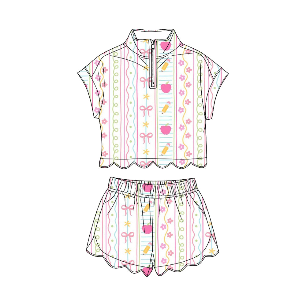 Baby Girls Pencils Flowers Zipper Top Scallop Short 4th of July Clothes Sets Preorder
