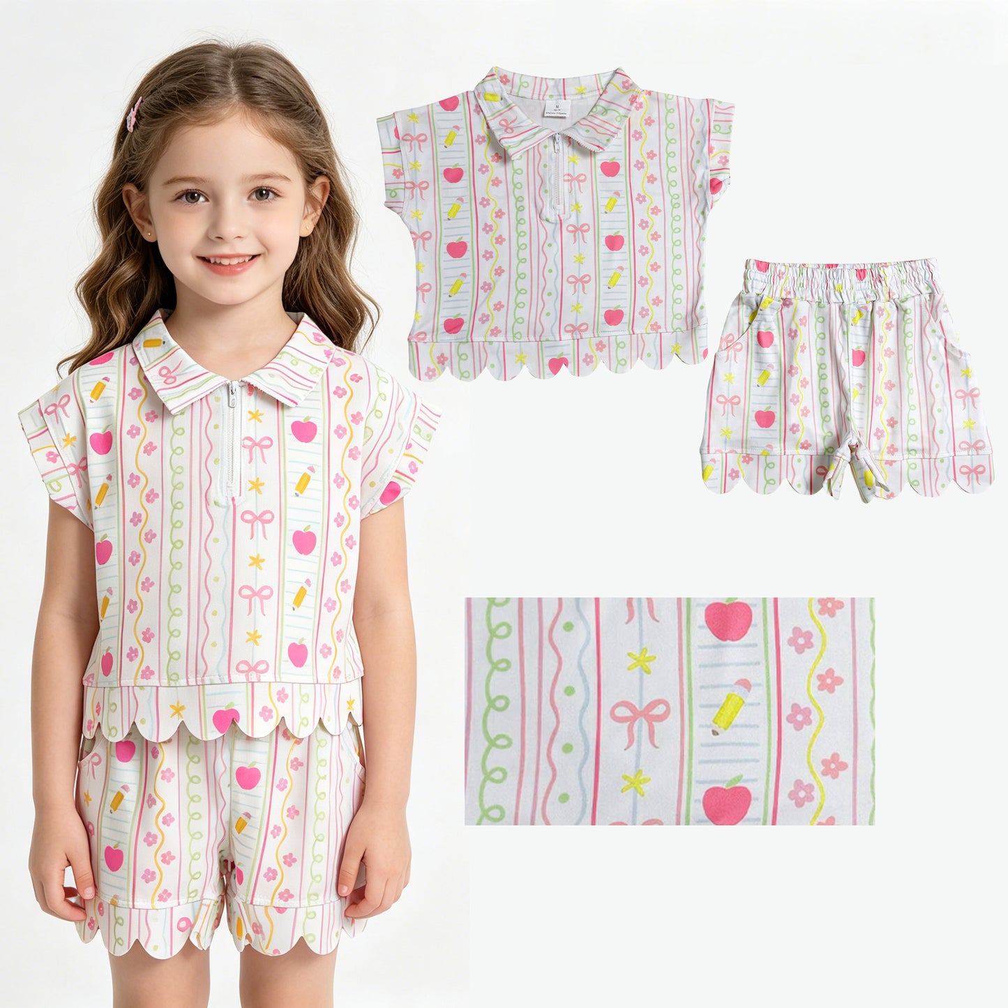 Baby Girls Pencils Flowers Zip Pullovers Top Short Back to School Scallop Clothes Sets