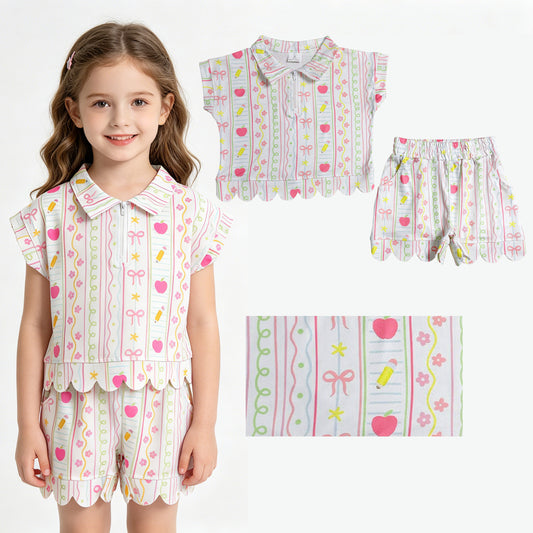 Baby Girls Pencils Flowers Zip Pullovers Top Short Back to School Scallop Clothes Sets