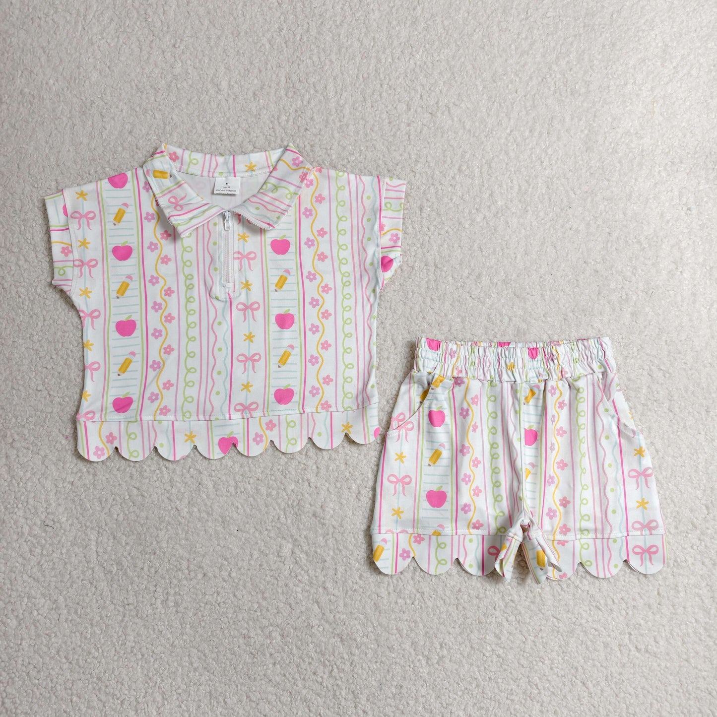 Baby Girls Pencils Flowers Zip Pullovers Top Short Back to School Scallop Clothes Sets