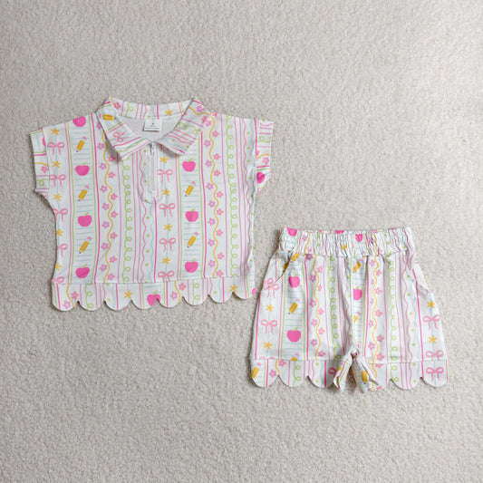 Baby Girls Pencils Flowers Zip Pullovers Top Short Back to School Scallop Clothes Sets