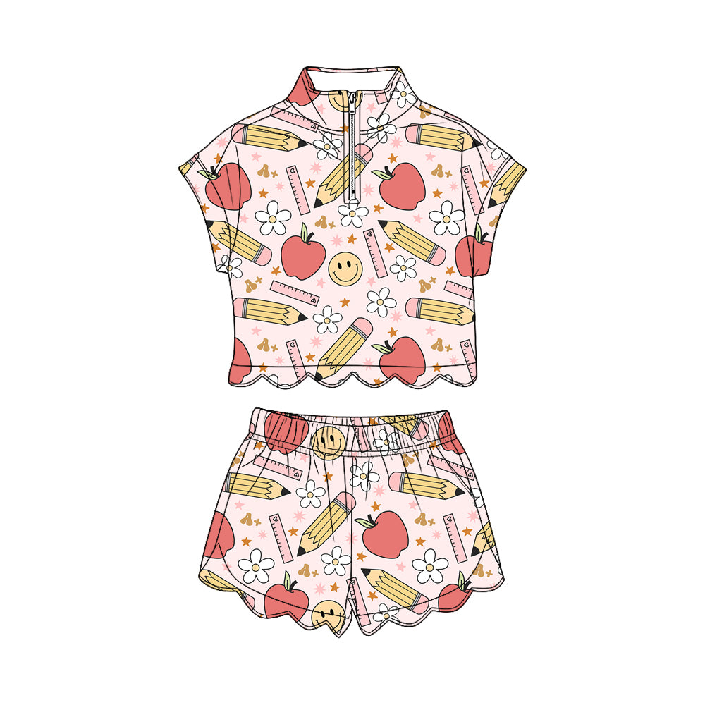 Baby Girls Pencils Apples Zipper Top Scallop Short 4th of July Clothes Sets Preorder