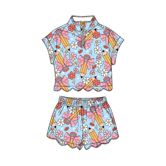 Baby Girls Pencils Flowers Zipper Top Scallop Short 4th of July Clothes Sets Preorder