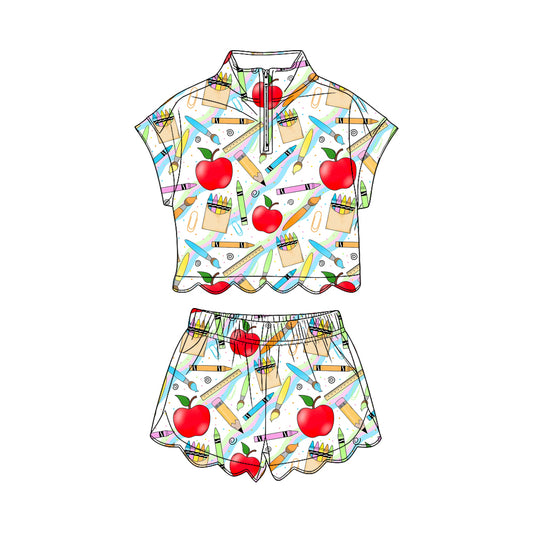 Baby Girls Pencils Apples Zipper Top Scallop Short 4th of July Clothes Sets Preorder