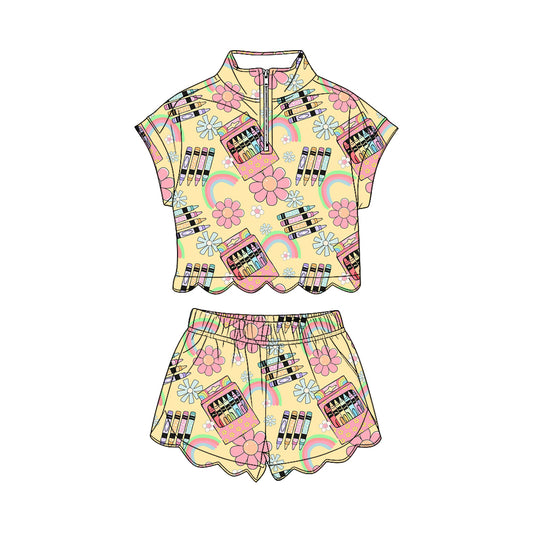 Baby Girls Pencil Rainbows Zipper Top Scallop Short 4th of July Clothes Sets Preorder