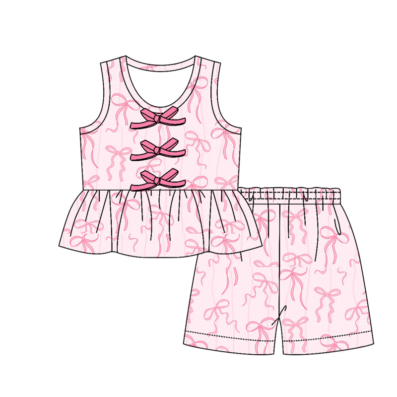 Baby Girls Sleeveless Pink Bows Button Tunic Short Clothes Sets Preorder