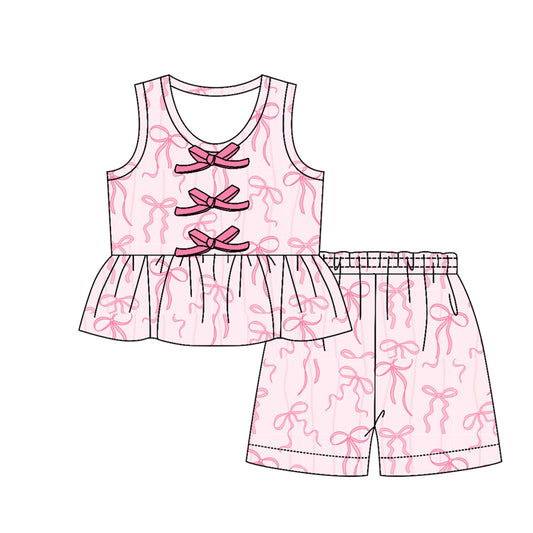 Baby Girls Sleeveless Pink Bows Button Tunic Short Clothes Sets Preorder