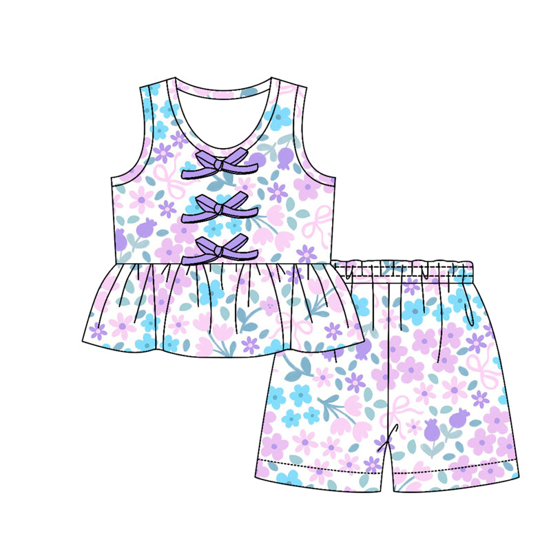 Baby Girls Sleeveless Colorful Flowers Button Tunic Short Clothes Sets Preorder