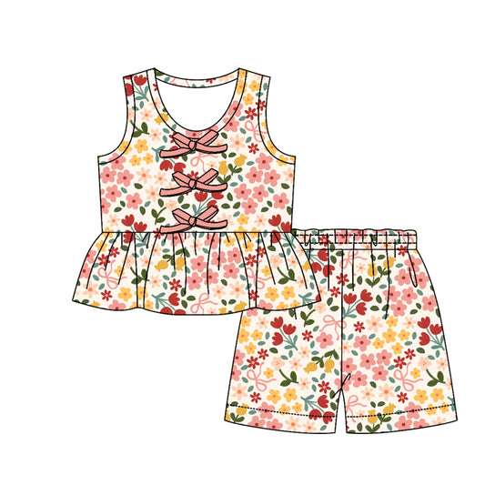 Baby Girls Sleeveless Colorful Flowers Button Tunic Short Clothes Sets Preorder
