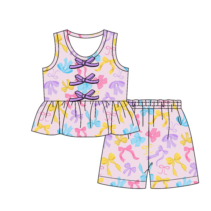 Baby Girls Sleeveless Colorful Bows Button Tunic Short Clothes Sets Preorder