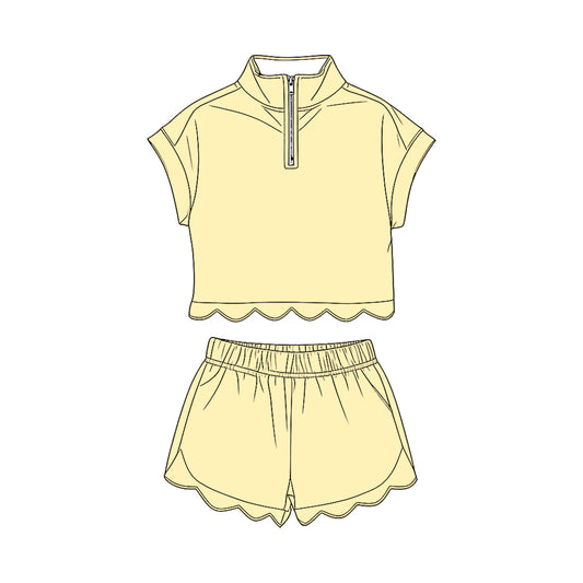 Baby Girls Yellow Zipper Top Scallop Short Clothes Sets Preorder
