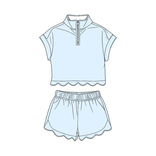 Baby Girls Light Blue Zipper Top Scallop Short Clothes Sets Preorder
