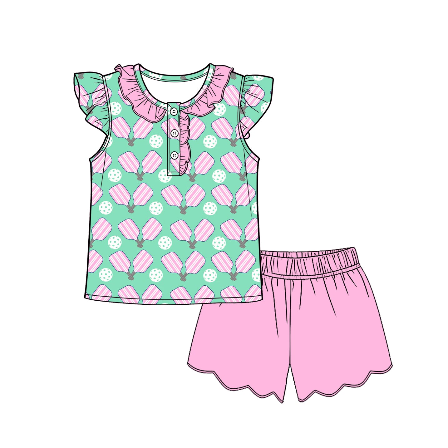 Baby Girls Tennis Button Tunic Scallop Shorts Team Clothes Sets Preorder