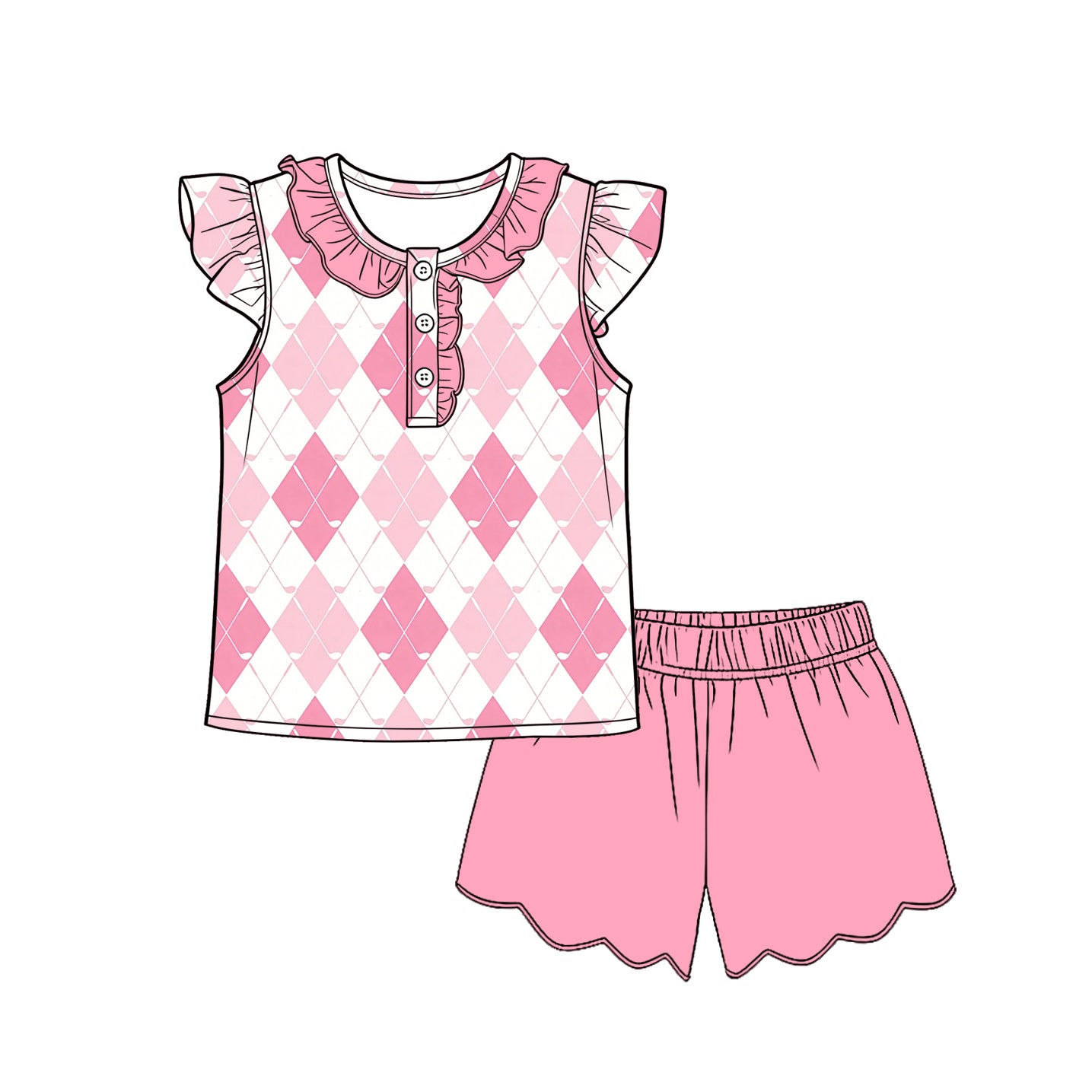 Baby Girls Pink Golf Checked Button Tunic Scallop Shorts Clothes Sets Preorder