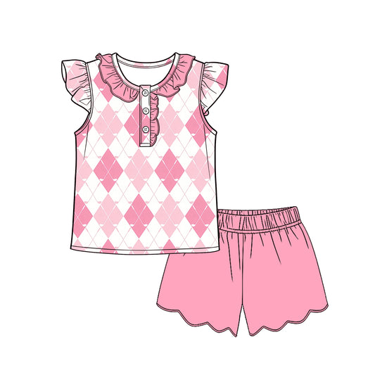 Baby Girls Pink Golf Checked Button Tunic Scallop Shorts Clothes Sets Preorder