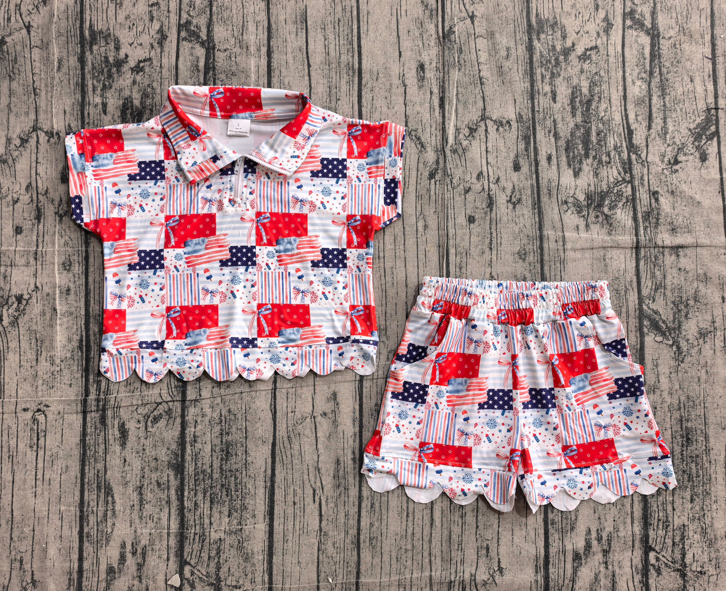 Baby Girls Bows Flags Checked Zip Top Short 4th of July Scallop Clothes Sets