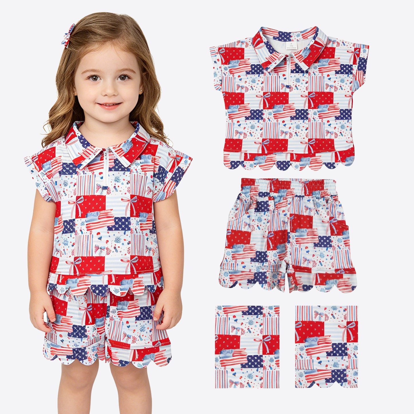 Baby Girls Bows Flags Checked Zip Top Short 4th of July Scallop Clothes Sets