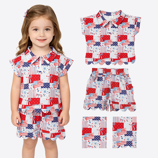 Baby Girls Bows Flags Checked Zip Top Short 4th of July Scallop Clothes Sets