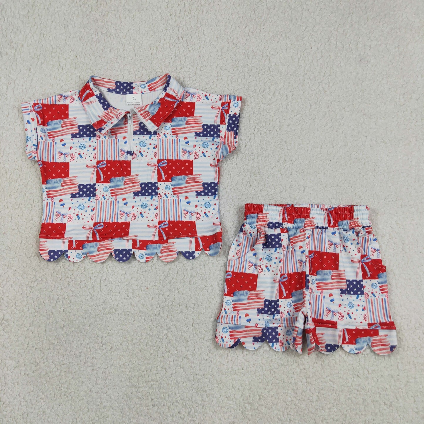 Baby Girls Bows Flags Checked Zip Top Short 4th of July Scallop Clothes Sets