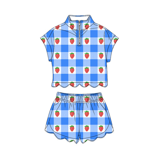Baby Girls Blue Checked Strawberry Zipper Top Short Scallop Clothes Sets Preorder