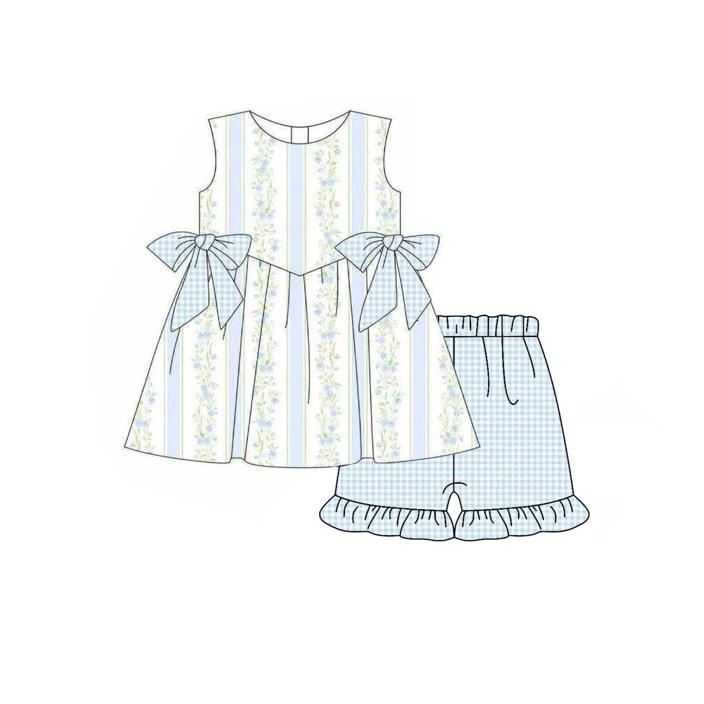Baby Girls Sleeveless Blue Flowers Stripe Tunic Ruffle Shorts Clothes Sets Preorder
