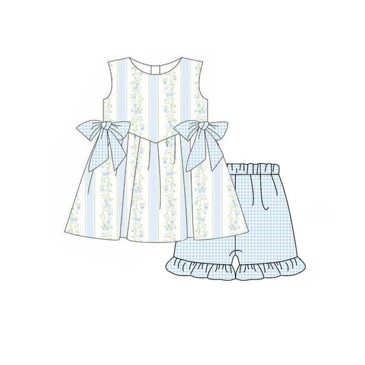 Baby Girls Sleeveless Blue Flowers Stripe Tunic Ruffle Shorts Clothes Sets Preorder
