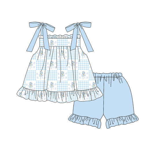 Baby Girls Strap Blue Flowers Checked Tunic Ruffle Shorts Clothes Sets Preorder