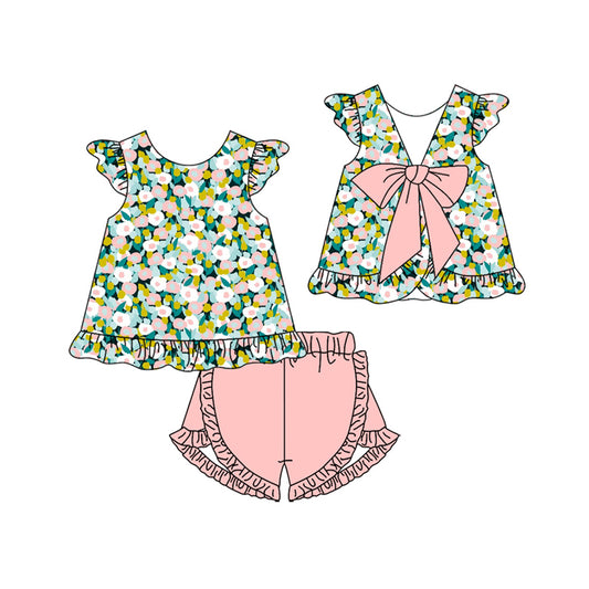Baby Girls Colorful Floral Back Bow Tunic Ruffle Shorts Clothes Sets Preorder