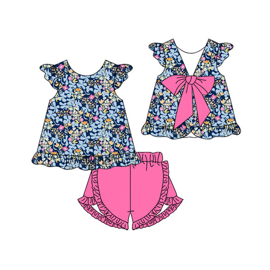 Baby Girls Colorful Floral Back Bow Tunic Ruffle Shorts Clothes Sets Preorder